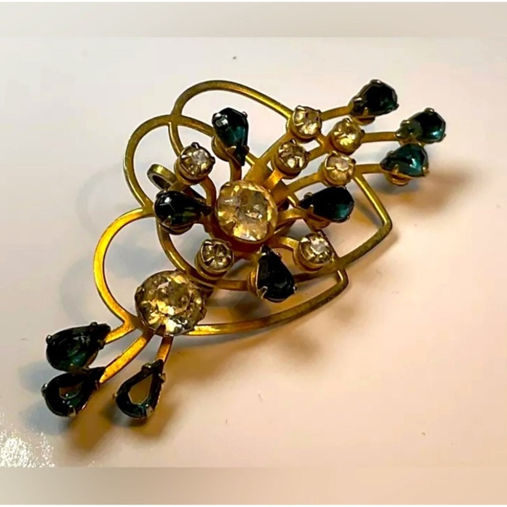 Antique Mid-Century‎ Gold Plated Heart Modernist Rhinestone Brooch